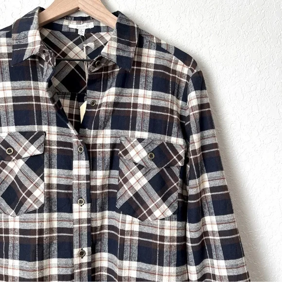 JODIFL Plaid Flannel & Lace Shirt Top Button Western Navy Cream Brown S … - Picture 2 of 8